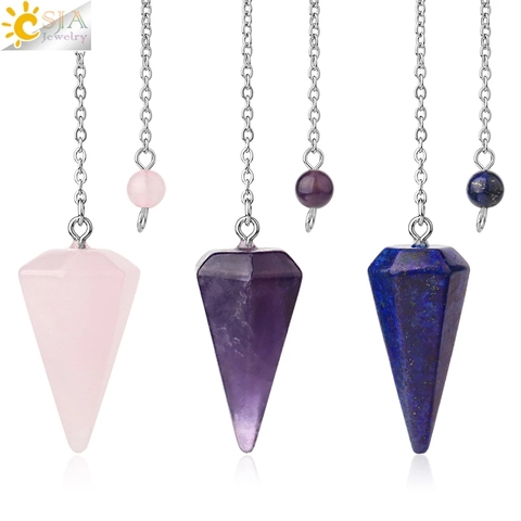 CSJA – Pendule à grande pierre de guérison pour homme et femme, perle naturelle, gemme reiki pyramidale hexagonale, chaîne à pendentif, amulette classique E112 ► Photo 1/6