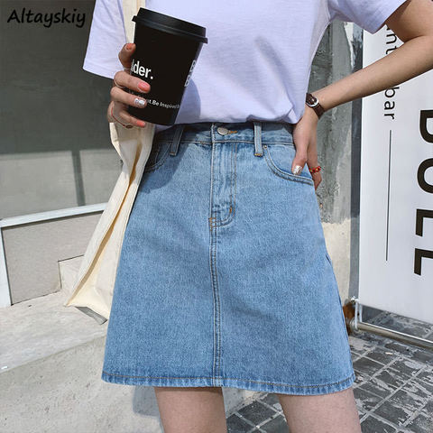 Jupes trapèze taille haute avec fermeture éclair et boutons, pour femmes, couleur unie, Mini Denim, Vintage, élégant, Simple, Chic, passe-partout, décontracté, 2022 ► Photo 1/6