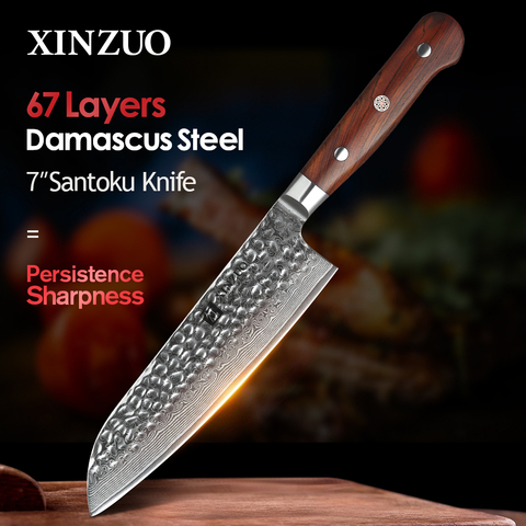 XINZUO couteaux Santoku de Chef de cuisine en acier damas, 7 pouces de haute qualité, couteaux à couperet tranchant, cadeau, manche en bois de rose ► Photo 1/6