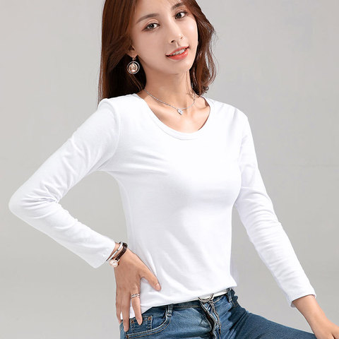 MRMT 2022 tout nouveau T-shirt femme mince coton 100% femmes T-shirt à manches longues pour femme mince blanc pur hauts femme T-shirt ► Photo 1/6