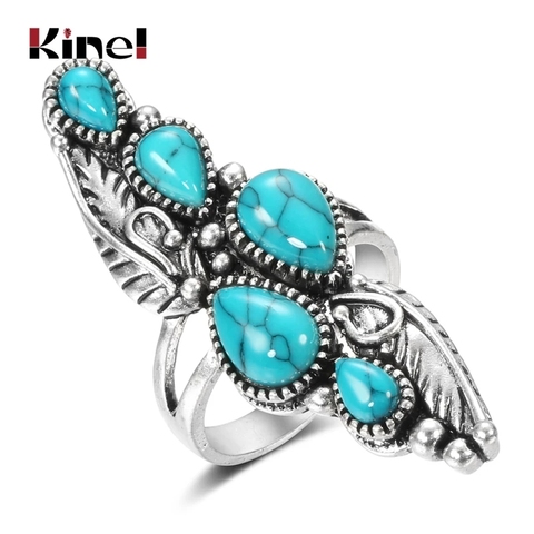 Kinel Boho pierre naturelle grand anneau pour femmes bijoux Vintage Style ethnique tibétain argent sculpté motif fête de mariage grands anneaux ► Photo 1/6