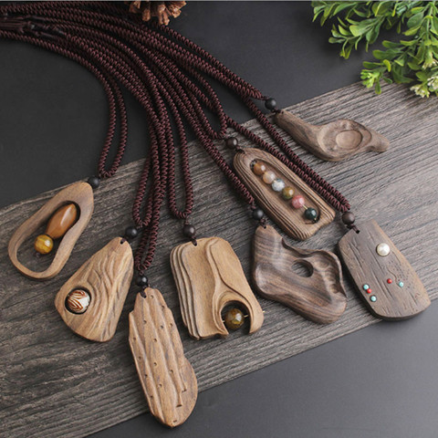 Nouveau collier pendentif en pierre naturelle de bois de santal fait main longue chaîne de chandail N600 ► Photo 1/6