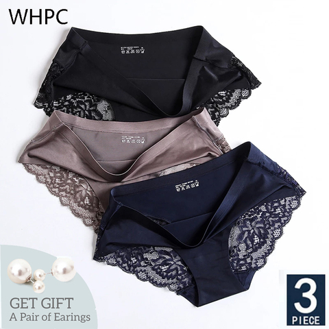 WHPC 3 pièces/lot dentelle femmes culottes ensembles sans couture sous-vêtements femme soie slips caleçons dame Bragas femme Sexy Lingerie XXL ► Photo 1/6