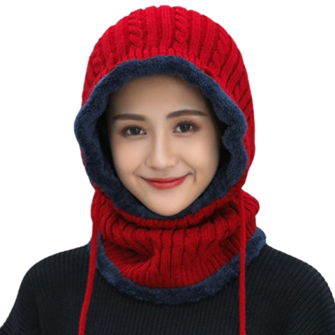 Cagoule tricotée en peluche pour femme, chapeau chaud d'hiver, écharpe de Ski doublée ► Photo 1/6