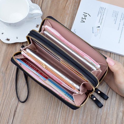 Portefeuille Long en cuir PU pour femmes, rouge/bleu/rose/noir, Double fermeture éclair, couleur assortie, sac pour téléphone portable, porte-carte, 2022 ► Photo 1/6