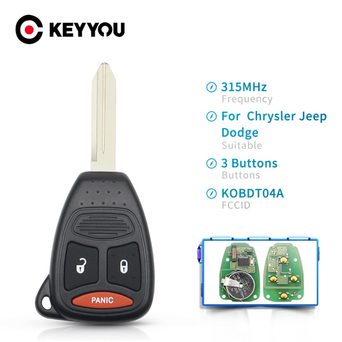 KEYYOU-clé à télécommande 315Mhz | KOBDT04A, Fob 2 + 1 3 boutons pour Dodge Caliber Dakota Durango Magnum Nitro Ram 1500 2500 3500, coque non coupée ► Photo 1/6