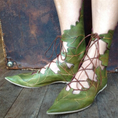 Femmes gothique médiéval rétro elfe sorcière feuilles à lacets chaussures Cosplay Costume Vintage princesse palais carnaval fête chevalier bottes ► Photo 1/4