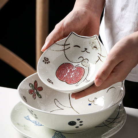 Assiettes de chargeur de chat en céramique de Style japonais, bol, vaisselle de fruits, créatif, mignon, dessin animé, ensemble de dîner ► Photo 1/6