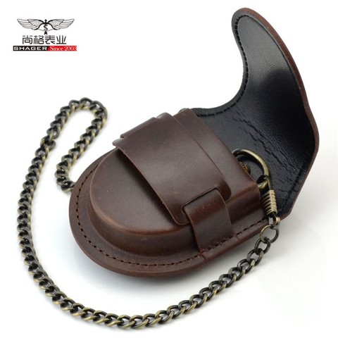 Mode homme dos marron couverture Vintage classique montre de poche support de la boîte mallette de rangement porte-monnaie pochette sac avec chaîne ► Photo 1/6