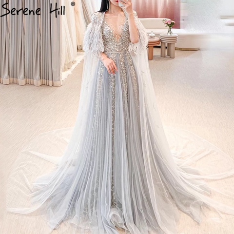 Serene Hill – robe de soirée grise, luxueuse tenue de soirée, châle, plumes, perles, dubaï, arabie saoudite, LA70640, 2022 ► Photo 1/6