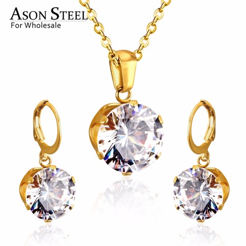 ASONSTEEL ensembles de bijoux de mariée ronde cubique zircon pendentifs en acier inoxydable goutte boucle d'oreille accessoires de mode Mujer fête mariage ► Photo 1/6