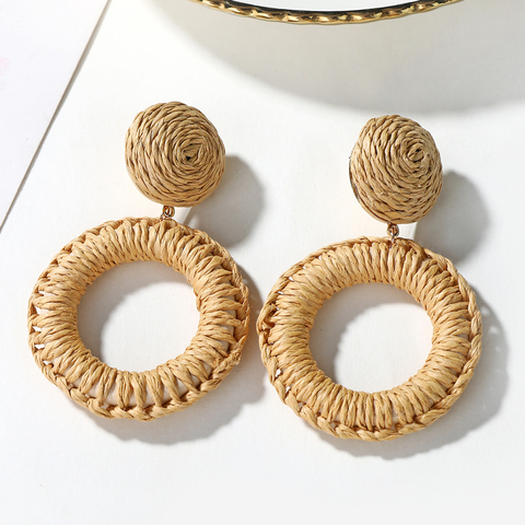 YAOLOGE – boucles d'oreilles coréennes en rotin pour femmes, en tricot, fait à la main, en bois, de style Boho, rondes, grandes formes géométriques, goutte d'eau, tendance 2022 ► Photo 1/6