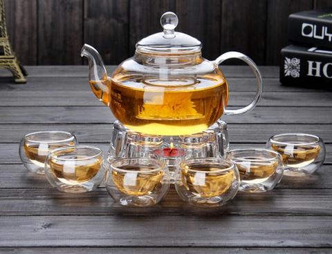 Service à thé en verre Borosilicate, 6 tasses, avec infuseur à café, feuille de thé, herbes, chauffe-plat, théière, cadeau, accessoires de cuisine pour la maison ► Photo 1/6