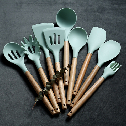 Spatule Silicone cuillère pinces ustensiles résistant à la chaleur soupe cuillère antiadhésive spatule pelle manche en bois cuisine outil ► Photo 1/6