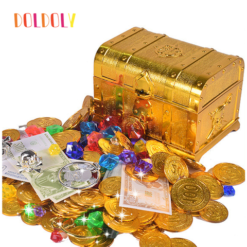 Doldoly-pièces de trésor en or en plastique, poitrine trésor en or, jouet en capitaine de fête des pirates ► Photo 1/6