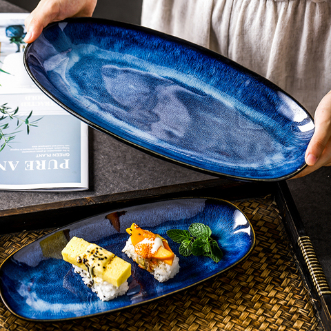 Plateau de service changeant de Style japonais 28.3cm, 34.7cm, assiettes à dîner ovales en porcelaine pour la viande, les entrées, le Dessert, le poisson ► Photo 1/5