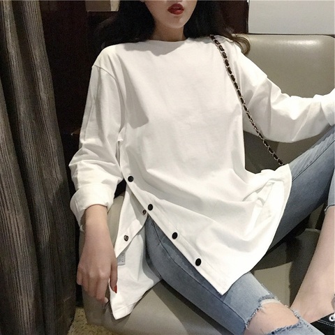 T-shirts en Vogue Harajuku, couleur unie, ample, bouton latéral fendu, blanc, noir, Long, col rond, chemises pour femmes, automne, nouvelle collection ► Photo 1/5