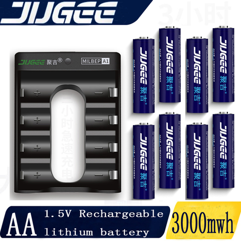 JUGEE – lot de 8 batteries lithium-polymère, 1.5v, 3000mWh, AA, 2000mah, rechargeables, li-polymère, li-ion, avec chargeur USB ► Photo 1/4
