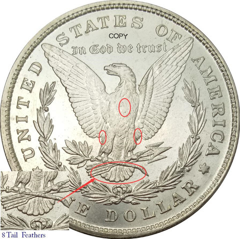 Plumes de Morgan One Dollar, 1878 Cupronickel, copie argent plaquée, 8 queues, haute qualité ► Photo 1/4