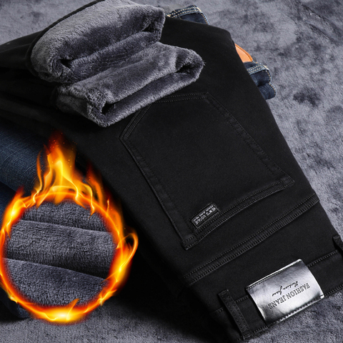 Jeans d'hiver pour hommes, pantalon extensible en velours épais, coupe cintrée noir, chaud, polaire 2022, grande taille, collection décontracté ► Photo 1/6