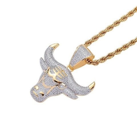 Collier avec pendentif en forme de tête de taureau pour homme, style Hip Hop, en acier inoxydable, doré et scintillant, avec strass, à la mode ► Photo 1/6