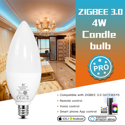 GLEDOPTO – ampoule de bougie intelligente ZigBee Pro 4W E12/E14 RGBCCT 3.0 K-2000K, fonctionne avec Amazon Echo Plus Alexa SmartThings RF à distance, 6500 ► Photo 1/6