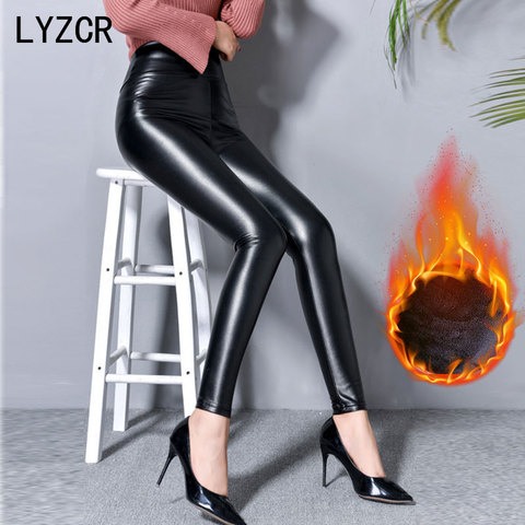 Leggings en Faux cuir Pu pour femmes, pantalon en molleton chaud, taille haute, en velours, pour l'hiver ► Photo 1/6