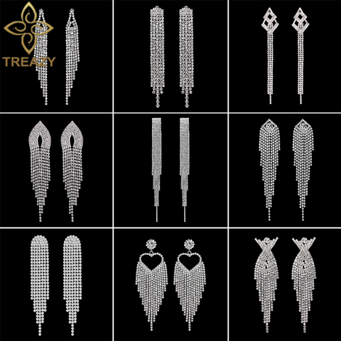 TREAZY-boucles d'oreilles longues pampilles pour femmes, couleur argent, strass cristal, pendentif, bijoux de mariée de mariage ► Photo 1/6