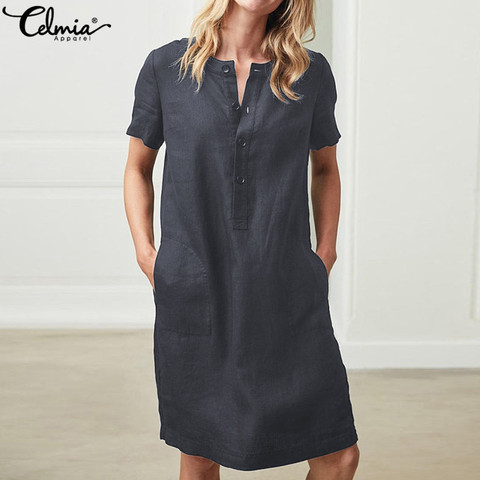 Femmes robe d'été lin robe 2022 Celmia tunique haut manches courtes chemise bouton femme Vintage décontracté Sarafans Vestidos 5XL ► Photo 1/6