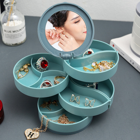 Boîte de rangement de bijoux multicouche rotatif en plastique bijoux support boucles d'oreilles boîte à bagues cosmétiques beauté conteneur organisateur avec miroir ► Photo 1/6