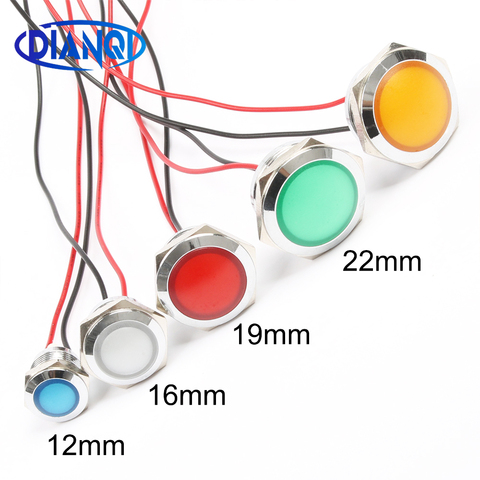 Indicateur métallique sphérique rond, lumineux étanche avec fil, 12mm 16mm 19mm 22mm, LED rouge jaune bleu vert blanc ► Photo 1/4