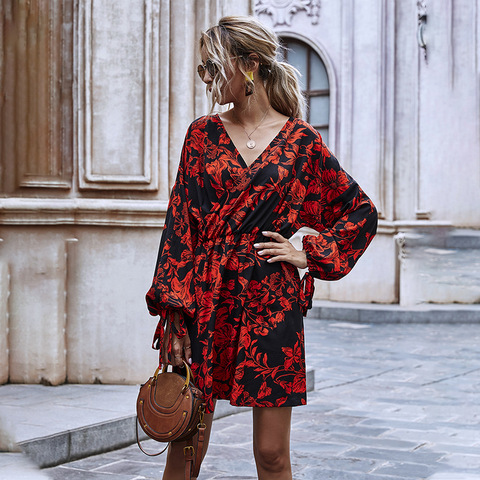 Automne hiver dames manches bouffantes à volants haute Wasit robe imprimée florale femmes 2022 nouveau col en v à lacets à manches longues robe a-ligne ► Photo 1/6