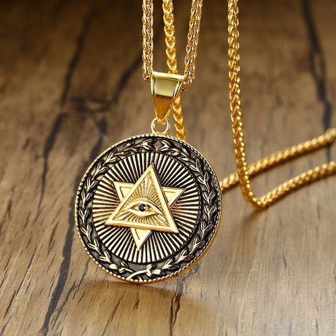 Vnox Antique hommes collier Triangle oeil de Providence Illuminati pyramide tout voir oeil en acier inoxydable pendentifs Punk bijoux ► Photo 1/6