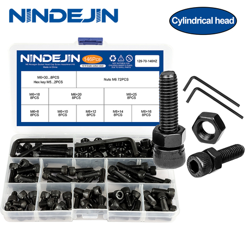 NINDEJIN hexagonale à six pans creux capuchon vis écrou 12.9 grade en acier au carbone m2 m2.5 m3 m4 m5 m6 ensemble de vis boulon et écrou assortiment kit ► Photo 1/1