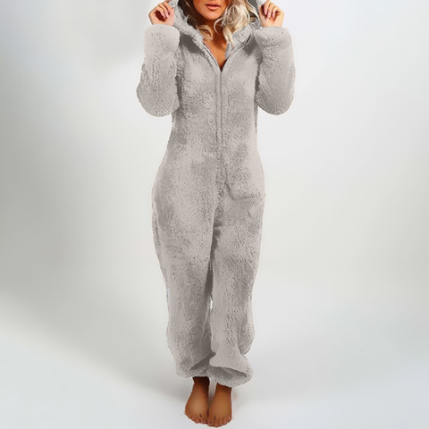 2022 tout nouveau femmes en peluche barboteuse hiver pyjamas à manches longues fermeture éclair col haut chapeau garder au chaud les vêtements de la fille ► Photo 1/5