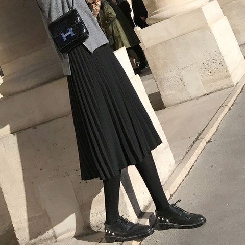 Femmes jupe tricoté Midi jupe noir a-ligne taille haute plissée jupe élégante jupe printemps automne hiver faldas femme jupes ► Photo 1/6