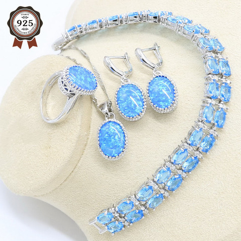 Boucles d'oreilles bleu ovale, anneau pendentif, pendentif, couleur argent, ensemble de bijoux, Bracelet en cristal bleu ciel, cadeau d'anniversaire de mariage, pour femmes ► Photo 1/6