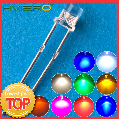 100 pièces F3 3mm 2 broches plat haut blanc rouge jaune bleu vert rose Diode Led grand Angle Diodes électroluminescentes lampe Ultra lumineux ampoule ► Photo 1/6
