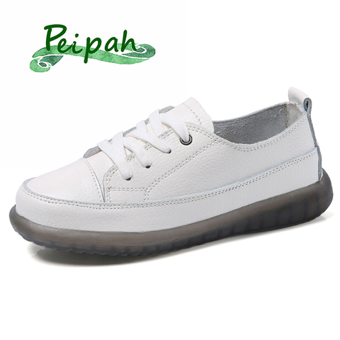 PEIPAH-chaussures de Sport pour femmes, chaussures plates en cuir véritable naturel, plates de Ballet, chaussures de Court blanches, collection chaussures décontractées, à lacets ► Photo 1/6