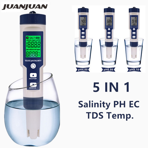 5 en 1 numérique PH TDS EC mètre salinité température testeur conductivité filtre à eau pureté stylo avec rétro-éclairage 50% de réduction ► Photo 1/6