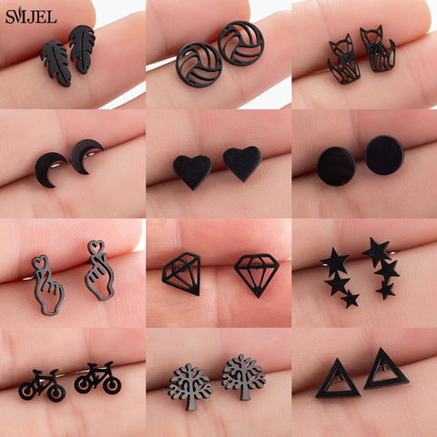 Multiples petites boucles d'oreilles noires Punk pour femmes et hommes, en acier inoxydable, chat, Triangle, étoile, lune, bijoux à la mode, 2022 ► Photo 1/6