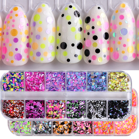 1 set 12 Grilles Nail Paillettes Rond Flocons Colorés Mixte Couleur 3D Mode Paillette Glitter Manucure Nail Art Décoration Outil TRP ► Photo 1/6