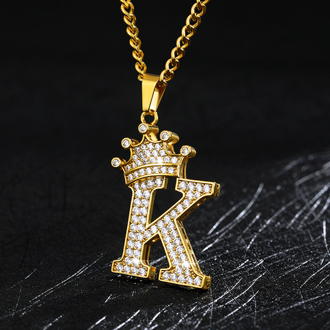 Collier avec pendentif couronne en cristal et lettres de l'alphabet, chaîne en Zircon, collier de Rap pour hommes, Hip Hop, bijoux, cadeau pour femmes ► Photo 1/6