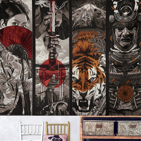 Tenture murale de Style japonais avec épée de samouraï, tenture de tigre, Geisha, décoration de dortoir, grande tenture murale, couverture de plage pour pique-nique ► Photo 1/6