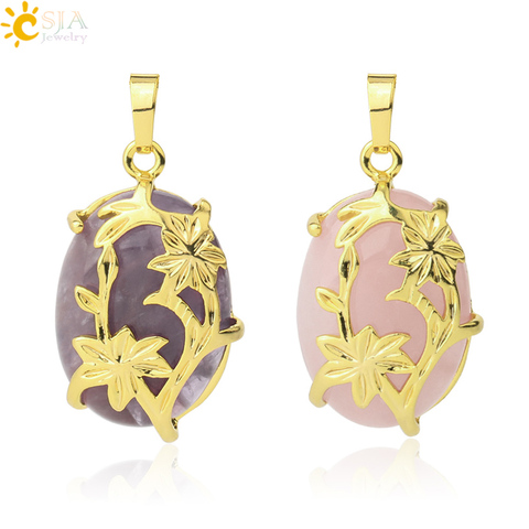 CSJA-pendentif fleur de vie en pierres naturelles, en cristal de guérison, Cabochon, couleur or, colliers adaptés, bijoux féminins G332 ► Photo 1/6