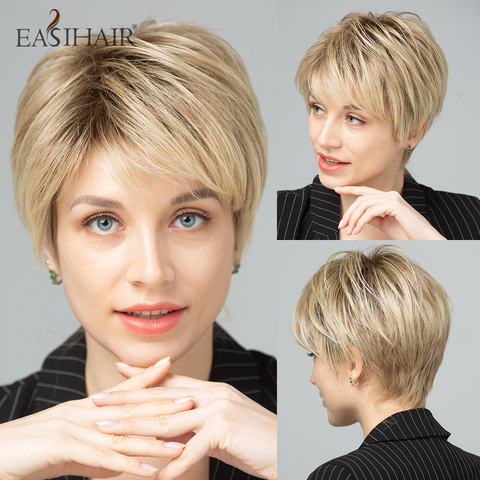 EASIHAIR Blonde Ombre Perruques Courtes Perruques de Cheveux Synthétiques pour Les Femmes Naturel Cheveux Futura Avec Frange Perruques Quotidien Résistant À La Chaleur ► Photo 1/6