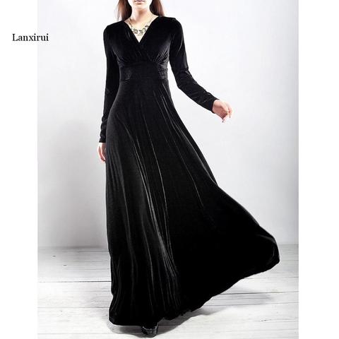 Robe de soirée en velours Vintage, robe élégante à manches longues, noire, décontracté, automne hiver, robes de grande taille ► Photo 1/6