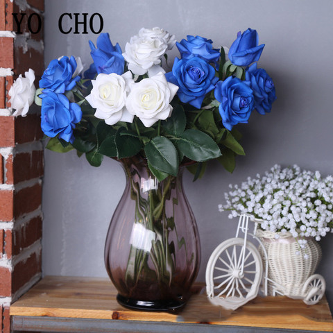 Roses artificielles en soie, 1 pièce, fausses branches, bleu, blanc, pour mariage, maison, bureau, pot de fleurs décoratif ► Photo 1/6