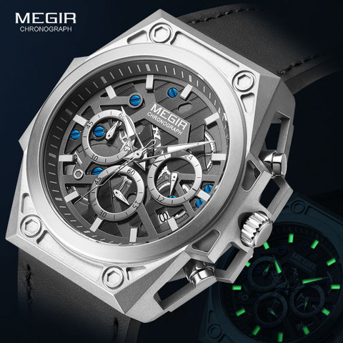 MEGIR acier inoxydable montres hommes 2022 marque de luxe militaire sport montre-bracelet bracelet en cuir chronographe Quartz montre étanche ► Photo 1/6