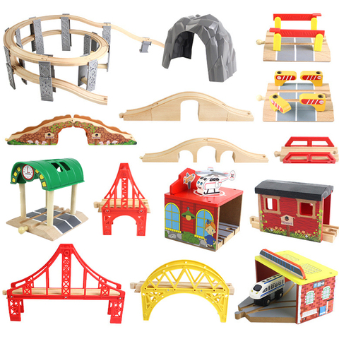 Voie ferrée en bois de hêtre, accessoires de Tunnel de pont de chemin de fer adaptés aux pièces de Train en bois de Brio, jouets éducatifs pour enfants, cadeaux ► Photo 1/6